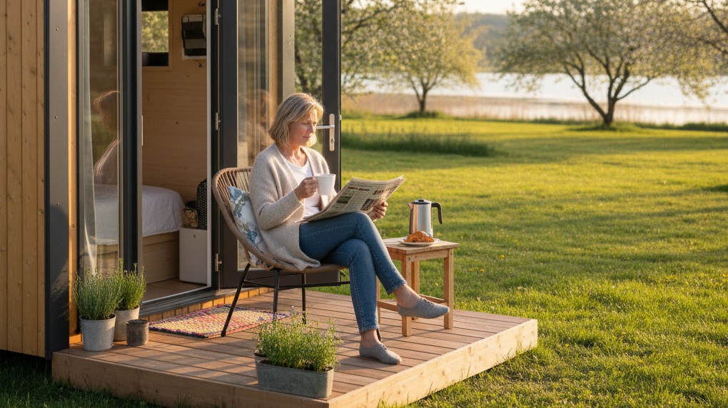 Vor deinem eigenen Tiny House kannst du den Tag mit einem Buch über Tiny House Sicherheit einfach ausklingen lassen.