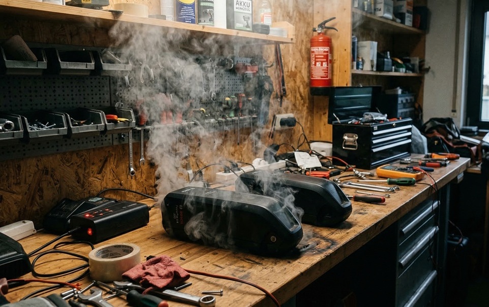 Diese 6 Elektrogeräte im Tiny House besser abziehen. Sonst droht Brandgefahr wie auf dem Bild durch E-Bike-Akkus.